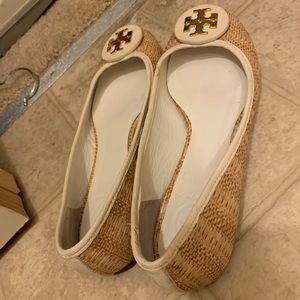 Tory Burch white and tan flats with gold buckle